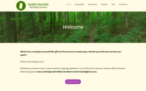 A screenshot shows the home page of the Inside Outside Retreat Centre website, custom created by frances may design.