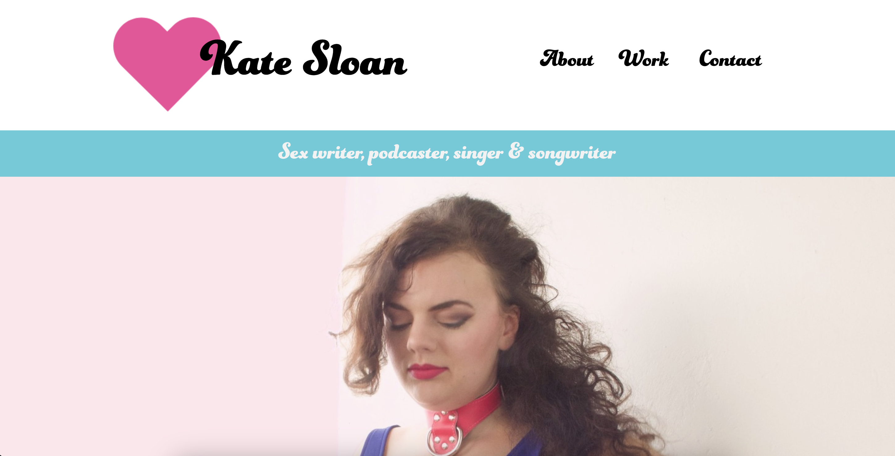 Screenshot of Kate Sloan's website home page. The image shows Kate, with long curly hair, looking down demurely and wearing a pink collar and a purple tank top.
