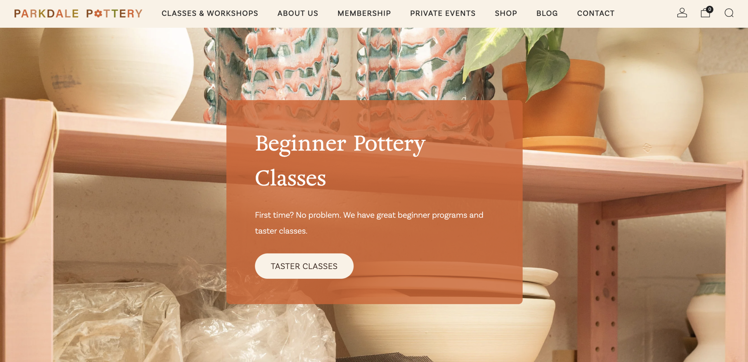 Screenshot of the Parkdale Pottery website home page