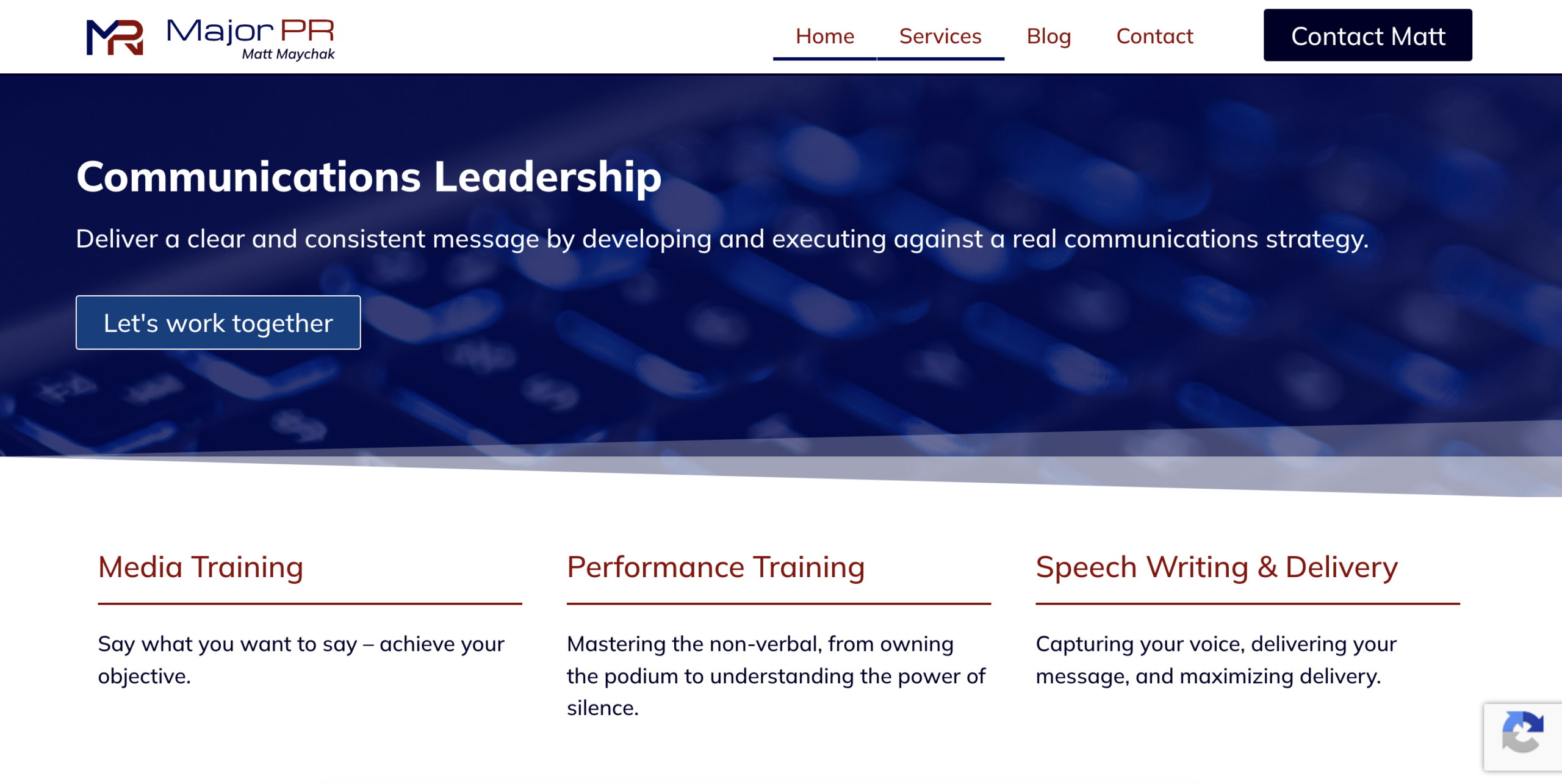 Screenshot of the home page of majorpr.ca